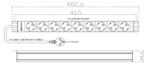 Mirsan 1U 9-Way DIN49440 Schuko Socket Outlets, DIN 49441 Schuko Plug
