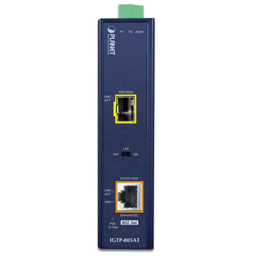 IP30 Industrial 10/100/1000BASE-T to 100/1000BASE-X SFP Converter with 802.3at PoE+ (-40 to 75C, 12V~48V DC power boost, LFP Supported)