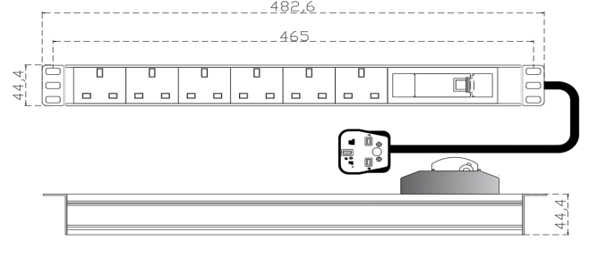 6 Way UK type PDU, Horizontal 1U, Surge Protected