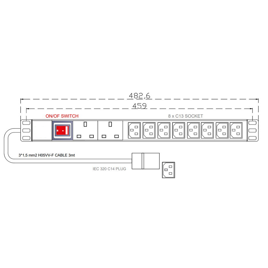 1U PDU, ON/OFF Switch, 2 Way UK BS1363 Socket, 8 Way C13, c/w 3mtr Power Lead C14 Plug