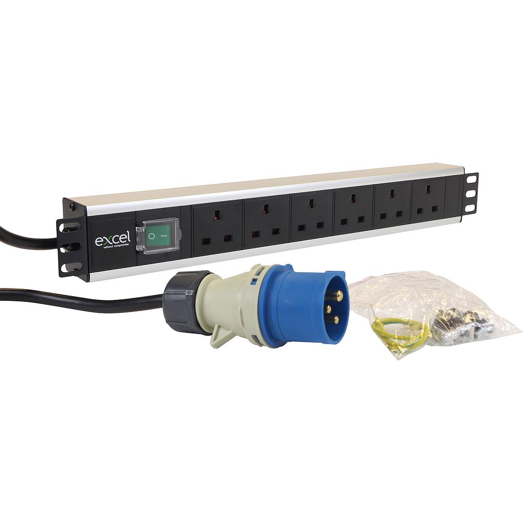 Excel 6 Way Horiz PDU 6x UK Socket 16A IEC 60309 Plug Switched