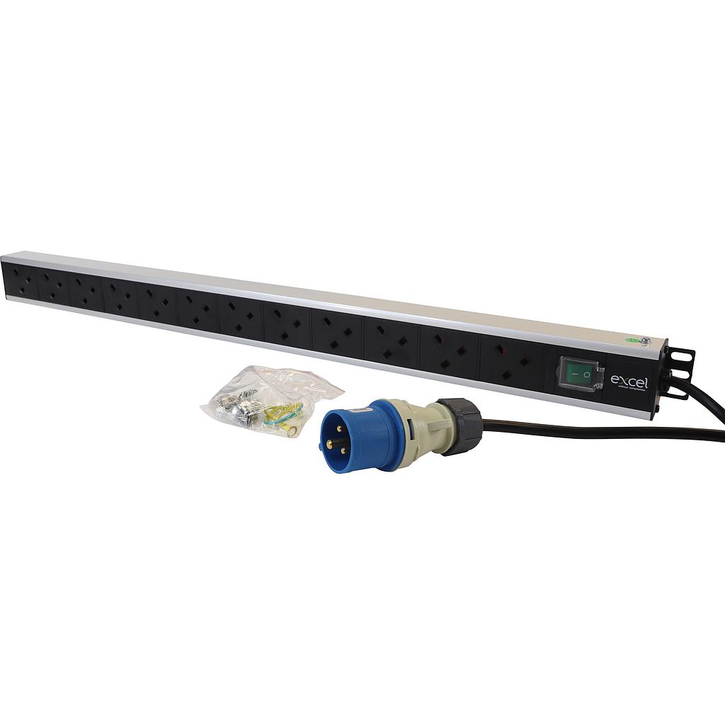 Excel 12 Way Vert PDU 12x UK Socket 16A IEC 60309 Plug Switched