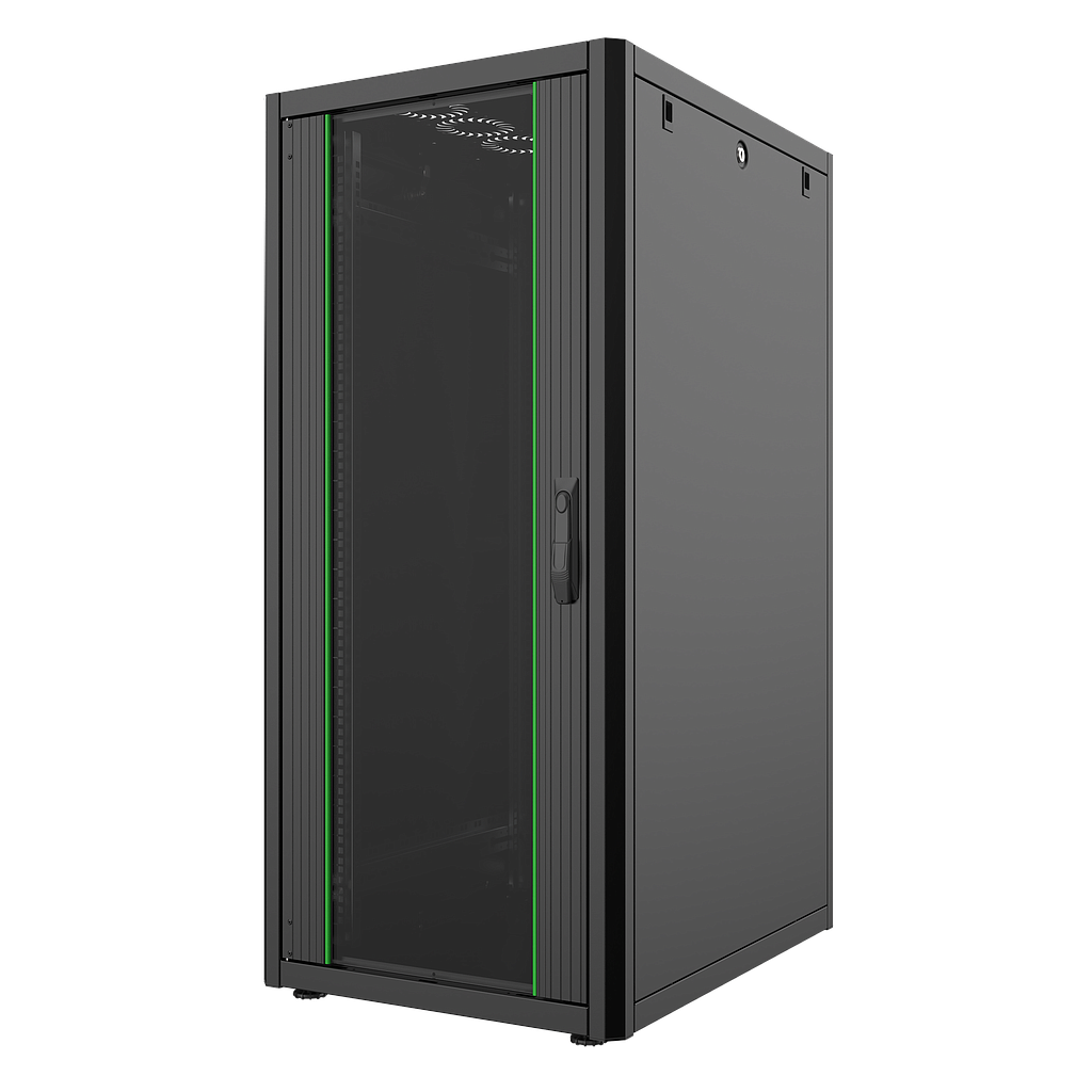20U, Mirsan GTN Series Cabinet, Double Glass Front Doors, Double Metal Rear Doors, Flat Pack, Black