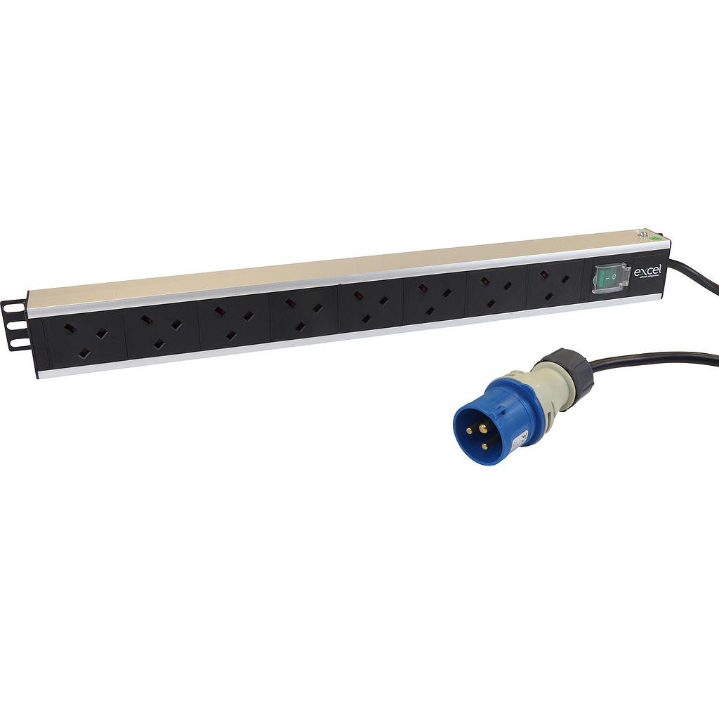 Excel 8-Way PDU, 8x UK Socket 16A IEC 60309 Plug Switched