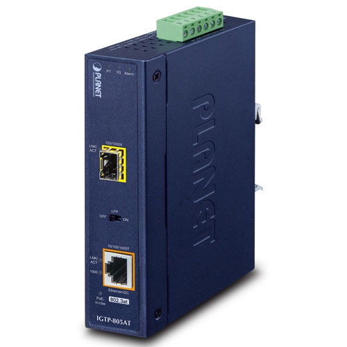 IP30 Industrial 10/100/1000BASE-T to 100/1000BASE-X SFP Converter with 802.3at PoE+ (-40 to 75C, 12V~48V DC power boost, LFP Supported)