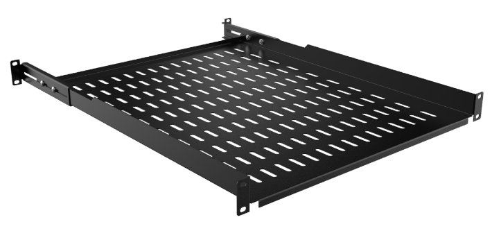 Mirsan 19inch 1U, 4-Point Connected Ventilated Shelf, Black (Dimensions Width 482mm, Height 44mm, Depth 650mm, [Max Depth 705mm, Min Depth 677mm])