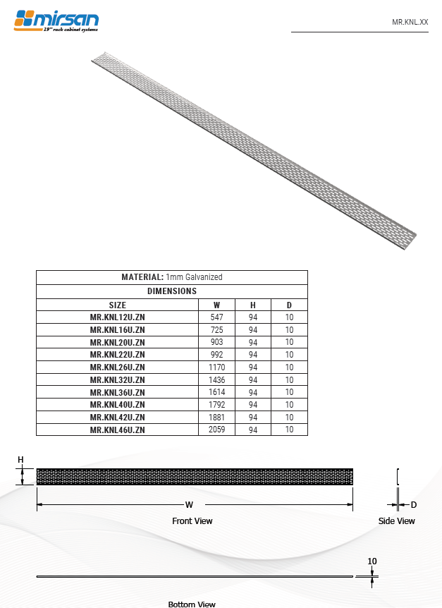 26U, Mirsan KNL Series, Cable Tray W:1170mm H:94mm D:10mm