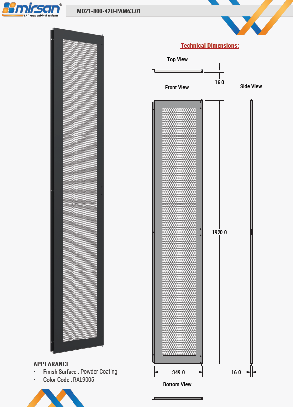 Mirsan W=800mm 42U GTV AND GTN 63% PERFORATED DOOR MODULE HINGE SIDE BLACK
