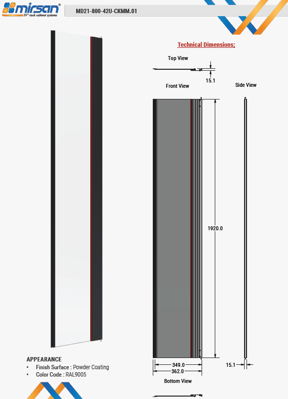 Mirsan W=800mm 42U GTV AND GTN SERIES GLASS DOOR MODULE HINGE SIDE BLACK
