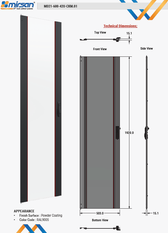 Mirsan W=600mm 42U GTV AND GTN GLASS DOOR MODULE BLACK