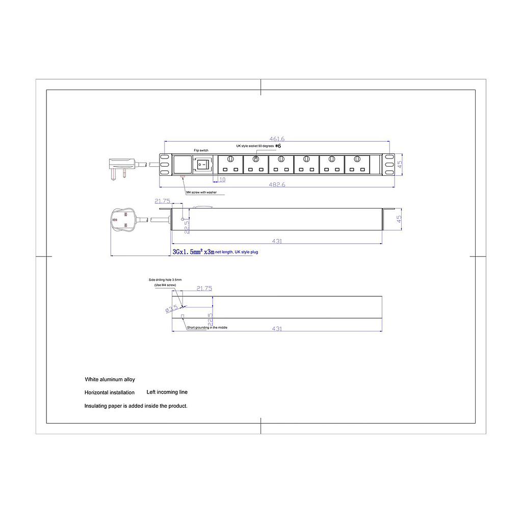 19" 1U 6-Way Horizontal PDU with Switch &amp; 13A Plug