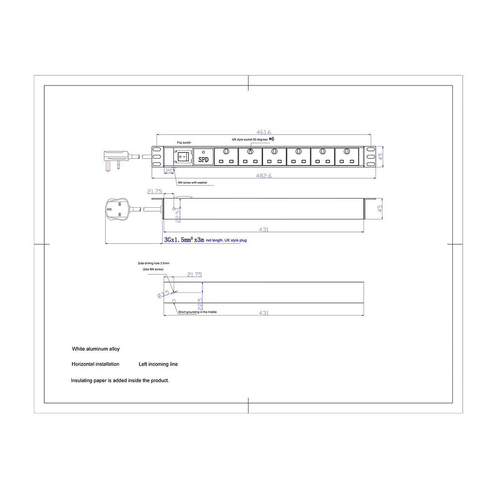 19" 1U 6-Way Horizontal PDU with Switch, SPD Protector &amp; 13A Plug